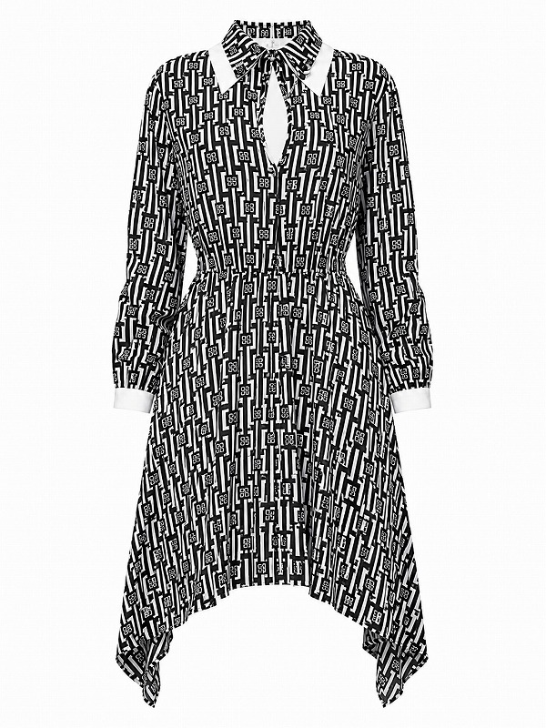【新品DRESS 3026】襟チェーン付き幾何学柄バストカットフレアミディアムドレス ブラック【relish】